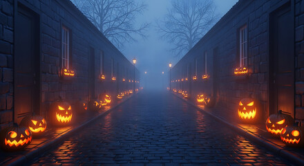 Foggy halloween alleyway with jack-o'-lanterns