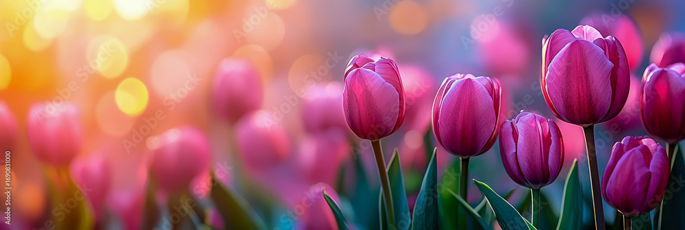 Poster Romantic field of magenta and fuchsia tulips illuminated by soft golden hour light, creating dreamy bokeh backdrop in vibrant spring garden