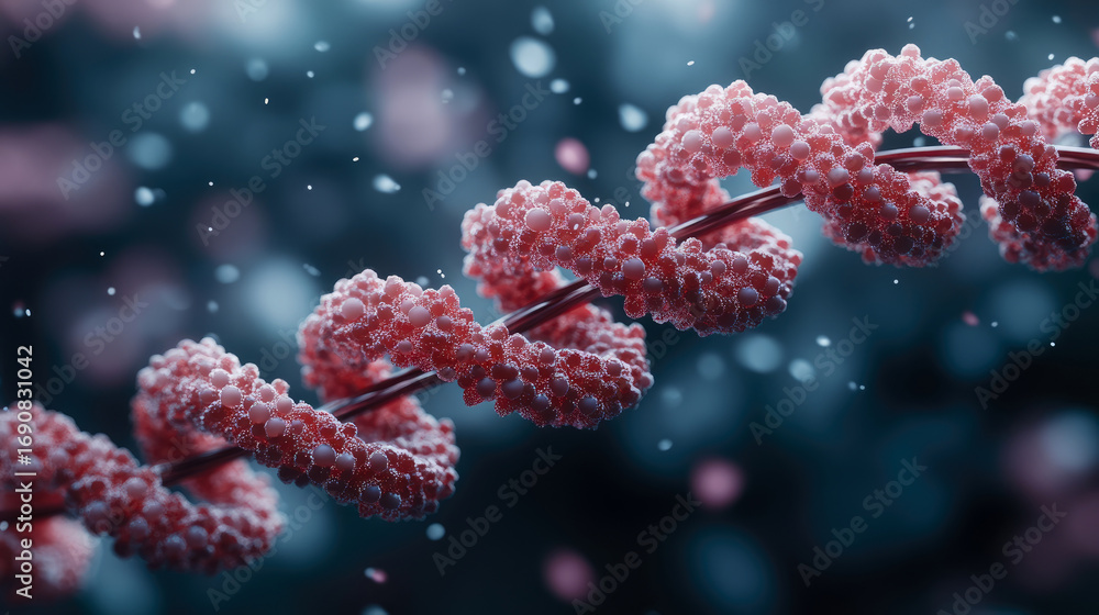 Poster dynamic microscopic visualization of intricate red helical molecular structure, composed of small sp