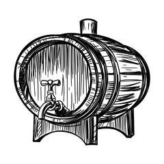 Vintage wooden barrel with a tap for wine or beer, hand-drawn sketch illustration in an engraving style isolated on a white background