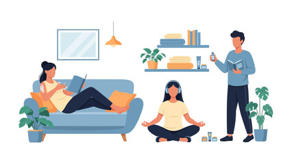 Diverse group of people enjoying relaxing activities at home including reading on the couch meditating and tending to plants