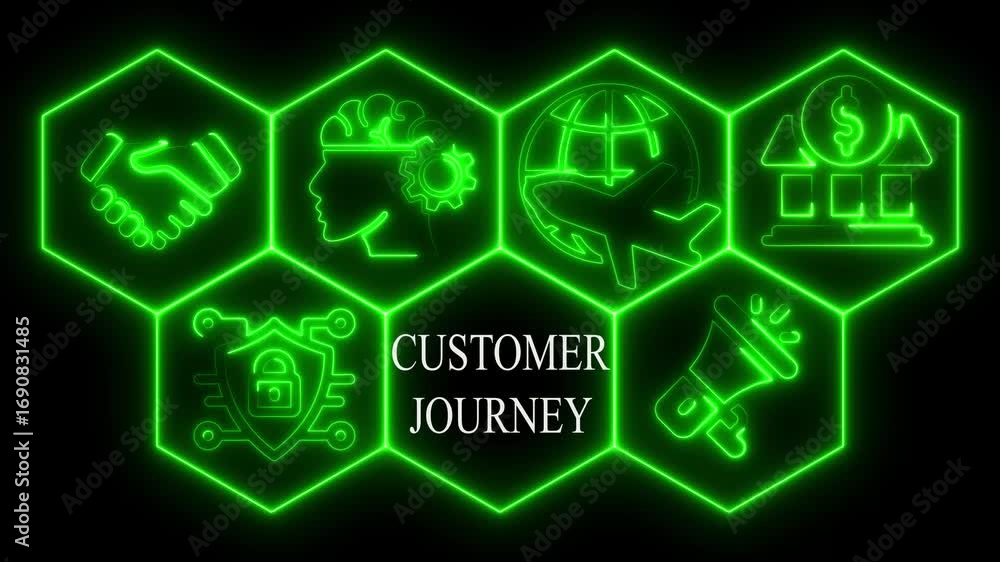 Poster animated neon icons visualizing customer journey stages on a black background