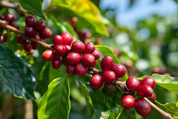 Coffee plant fruit red berry branch in coffee farm with fresh red coffee beans harvesting in plantation, coffee beans trees agriculture food and drink beverages industry business