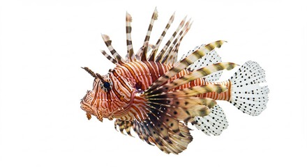 Striking Lionfish Vividly Displays Intricate Fins Against Pure White Background. AI Generated