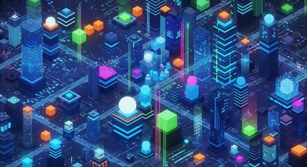 Isometric view of a futuristic smart city with neon lights representing data flow and network connections in a digital world