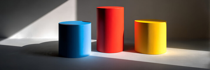 Three colorful cylinders in blue, red, and yellow, with varying heights, stand on a white surface casting dramatic, long shadows. Abstract minimalism.
