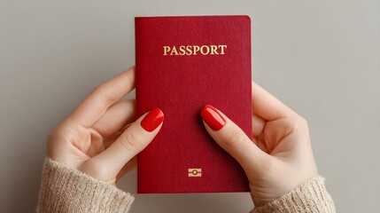 Woman's hands with red nails holding a vibrant red passport, ready for travel adventures and global exploration.