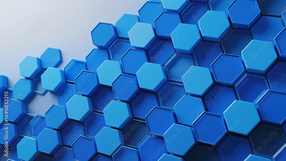 Poster a collection of blue hexagonal shapes arranged in a modern abstract pattern on a light background cr