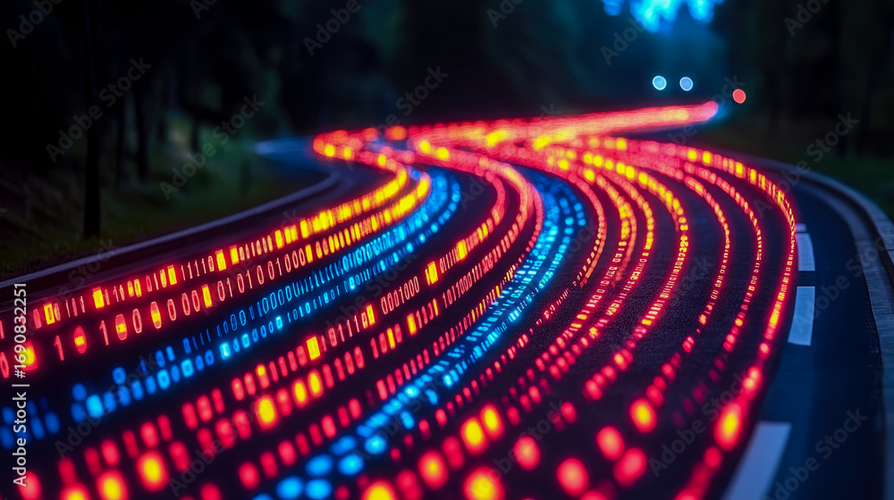 Poster conceptual image of dark, winding road illuminated by vibrant, glowing red and blue binary code stre