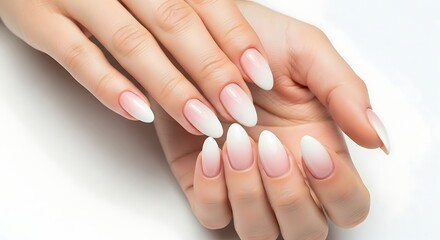 Naklejka premium Elegant Hand with Ombre French Manicure, Soft Lighting, White Background, Close-up.