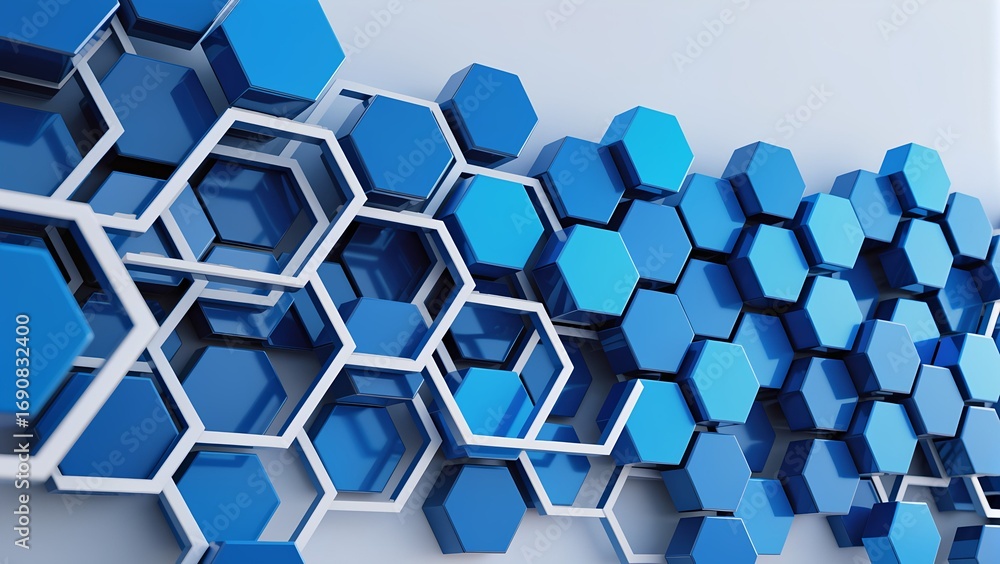 Poster a creative arrangement of blue hexagonal shapes creates a visually striking geometric pattern agains