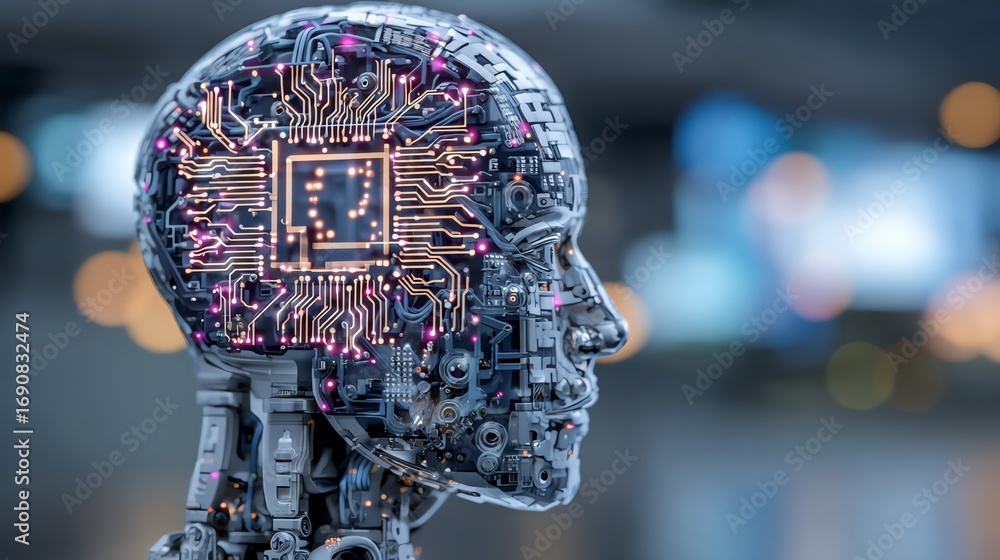 Poster a striking digital rendering depicts a human head constructed from intricate circuitry and metallic 