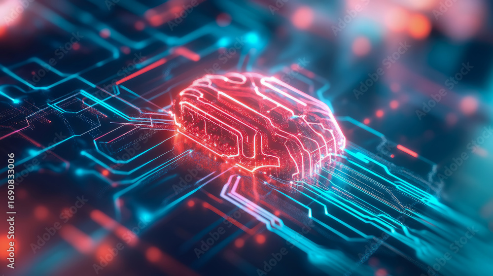 Poster luminous red brain-like ai core amidst interconnected blue circuitry representing advanced digital t