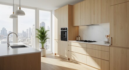 Modern Light Wood Kitchen with Large Windows and City View