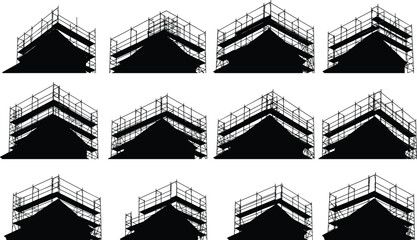 Scaffolding silhouette set construction safety platform vector black building structure framework illustration support system industrial site temporary work platform steel tower equipment