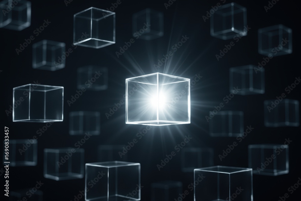 Poster illuminated cube amid transparency: a mesmerizing digital rendering of a radiant, glowing cube, symb