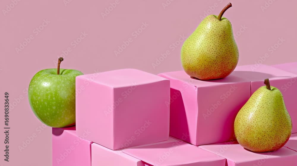 Poster green apple and multiple pears arranged on pink blocks, showcasing a vibrant fruit display, highligh