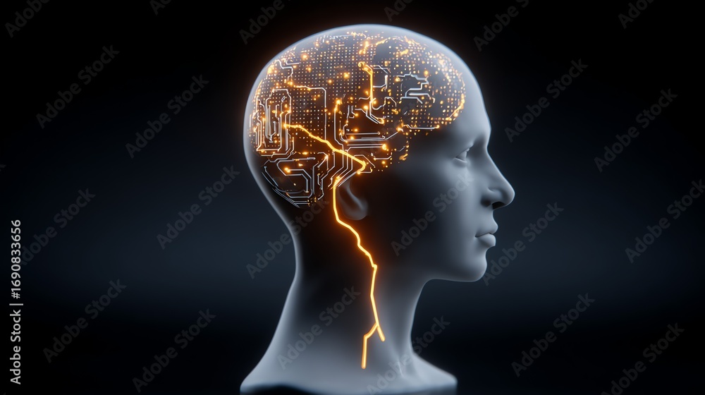 Poster a striking digital rendering portrays the human head in profile, with the brain illuminated by intri