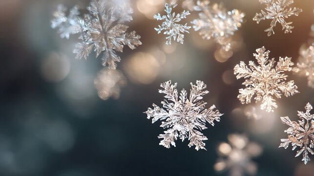Closeup of delicate snowflakes on a blurred background, capturing the intricate beauty of winters icy creations