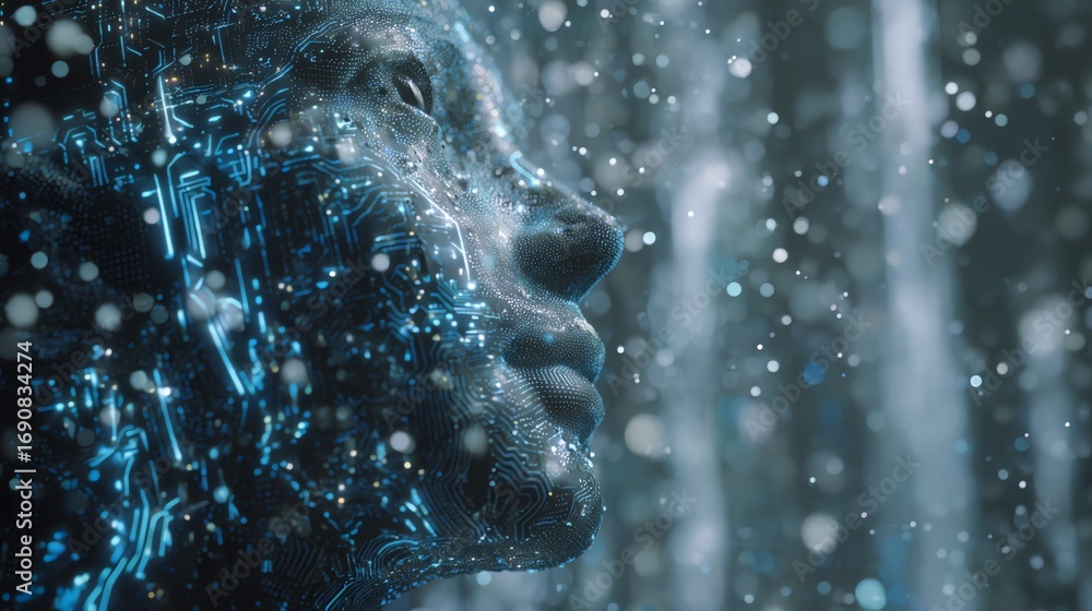 Aufkleber a striking digital rendering portrays a human profile dissolving into a complex network of glowing b