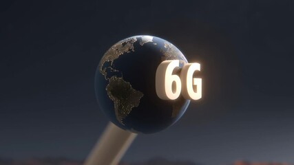 6G technology concept glowing text illuminated Earth globe showing continents network communication advancement global connection night globe - Powered by Adobe