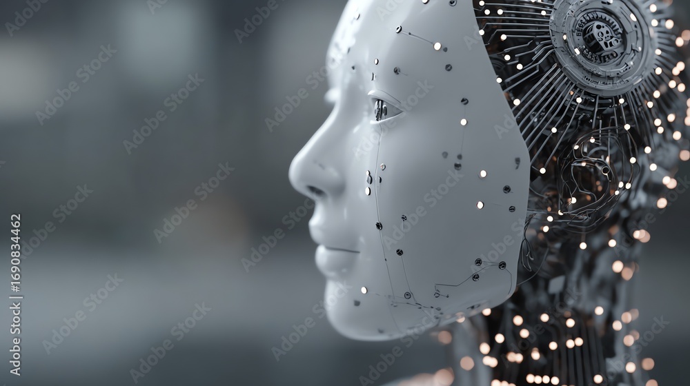 Poster a striking profile depicts a futuristic cyborg, blending human features with intricate mechanical co