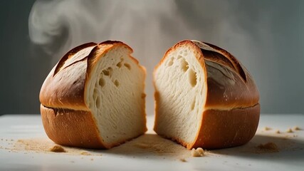 Hyper realistic footage of a freshly baked loaf of bread sliced open with steam rising from the center shot in ultra high definition on a white table with a seamless white backdrop minimal clean style - Powered by Adobe