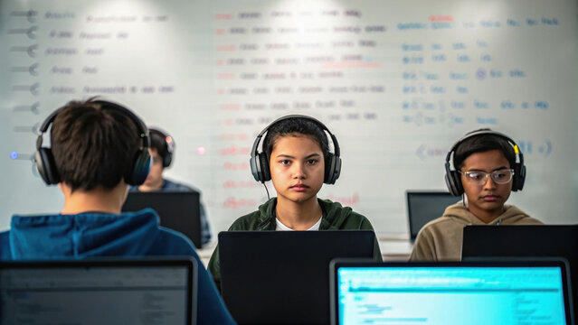 Students wearing headphones focus intently on coding during computer class, immersed in their work. atmosphere is one of concentration and collaboration, with laptops open in front of them
