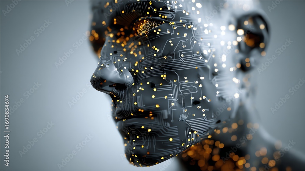 Poster a striking digital rendering portrays a human face dissolving into intricate circuitry, symbolizing 