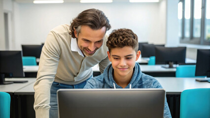 Mentor assisting student with computer work in modern classroom, showcasing collaboration and learning. supportive environment fosters growth and understanding