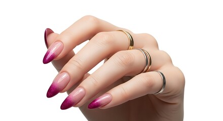 Elegant Hand with Gradient Pink French Manicure and Delicate Rings on White Background.