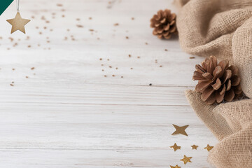 Pine cone on rustic wooden background with stars and fabric for natural holiday decor