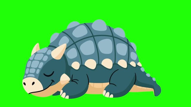 Cartoon animation of a cute Ankylosaurus sleeping soundly with "Zzz" bubble above its head. Green screen background, looping video perfect for kids, dinosaur themes, and educational content.