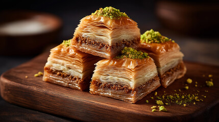 Stacked golden baklava pastries topped with crushed pistachios on a rustic wooden board, symbolizing luxury, sweetness, and Middle Eastern tradition.