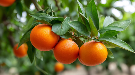 Fresh oranges hanging on tree in orchard
