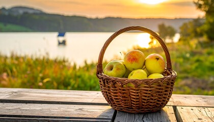Basket of apples at sunset by a lake