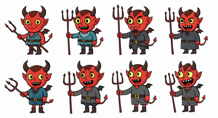 Naklejka premium Red Devil Cartoon Characters with Pitchforks Vector Set