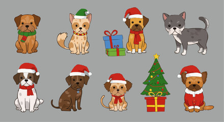 Christmas Animals in Santa Hats with Gifts and Tree Cartoon