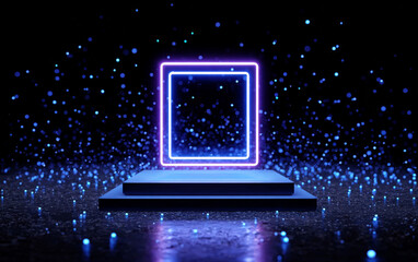 Obraz premium Futuristic glowing square frame with floating particles on stage