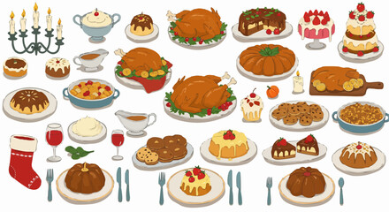 Traditional Christmas Dinner Table with Turkey and Desserts Illustration