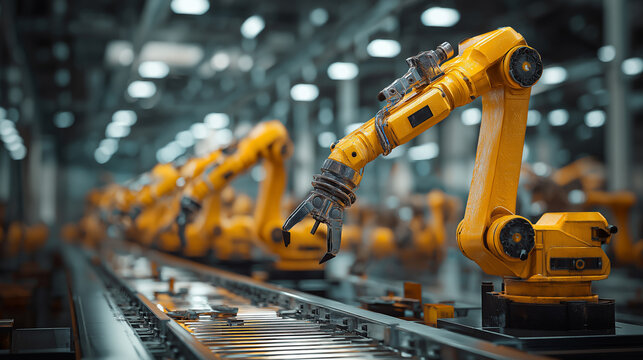 Yellow industrial robots sorting and recycling plastic water bottles in a modern waste management facility.
