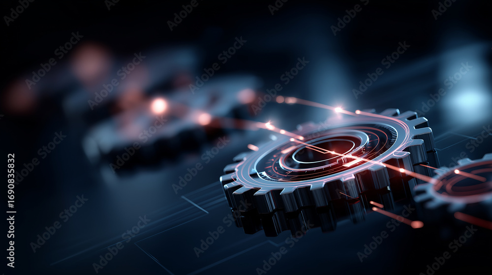 Poster a sleek digital platform displaying automated workflows in motion gears and process lines glowing as