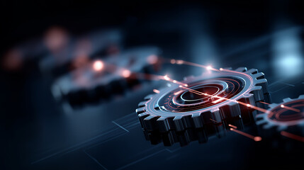 A sleek digital platform displaying automated workflows in motion gears and process lines glowing as tasks connect seamlessly interactive controls highlighting optimization paths