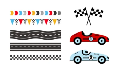 Fototapete Rund Cartoon Auto Set of racing car theme template design element. Retro race cars, checkered finish flags, holiday garland and road. Vector template for greeting card, invitation, poster, social media.  © Ann Muse