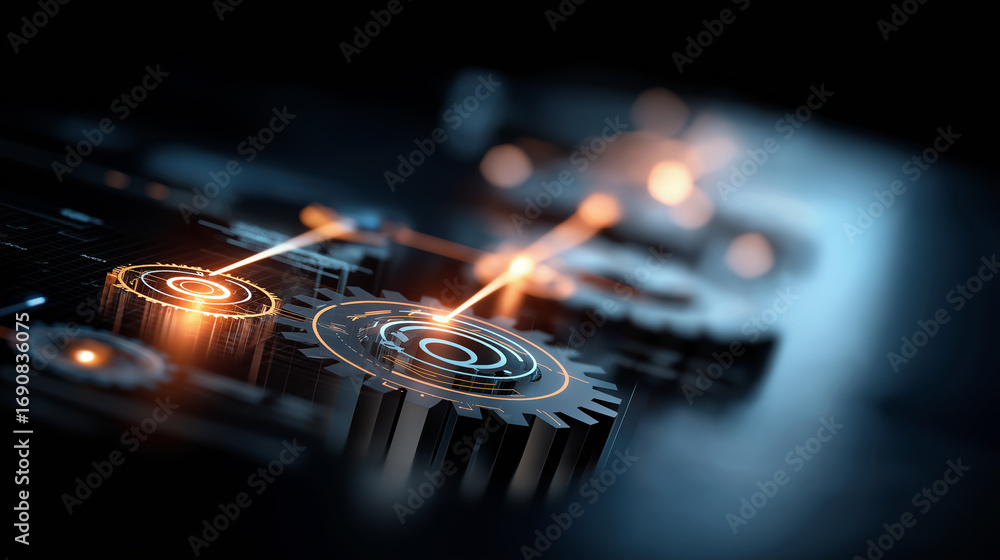 Poster a sleek digital platform displaying automated workflows in motion gears and process lines glowing as