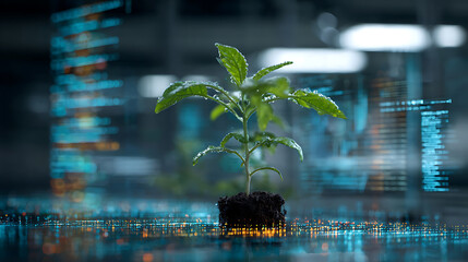 A vibrant plant grows from soil amidst a digital environment with glowing code.