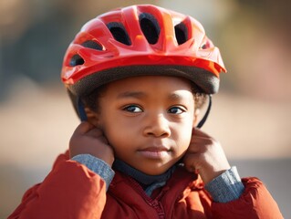 Child preparing for bicycle adventure park portrait urban setting close-up safety awareness