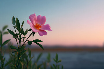 Beautiful Pink Flower With Green Leaves Against Soft Evening Background