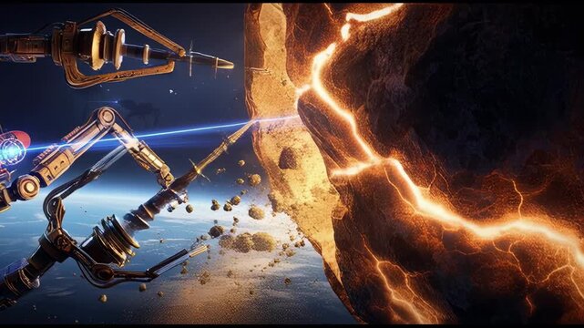**Title:** 'Galactic Mining Operation'  **Description:** A futuristic mining robot with articulated arms is extracting resources from an asteroid in outer space