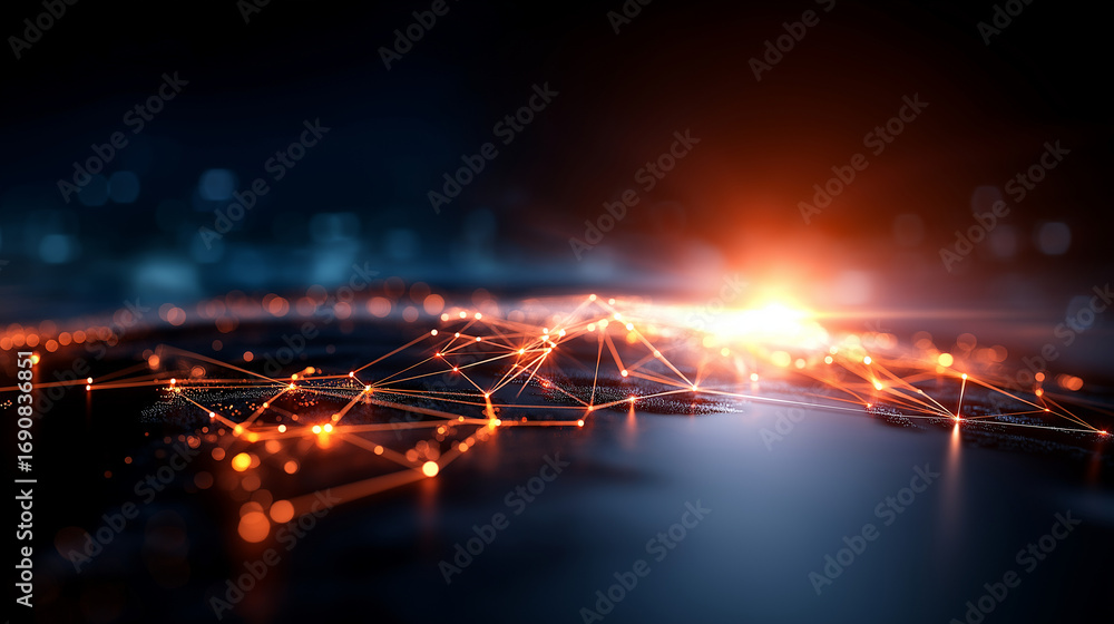 Aufkleber a virtual projection of global data networks glowing on a wide screen interconnected nodes pulsing w